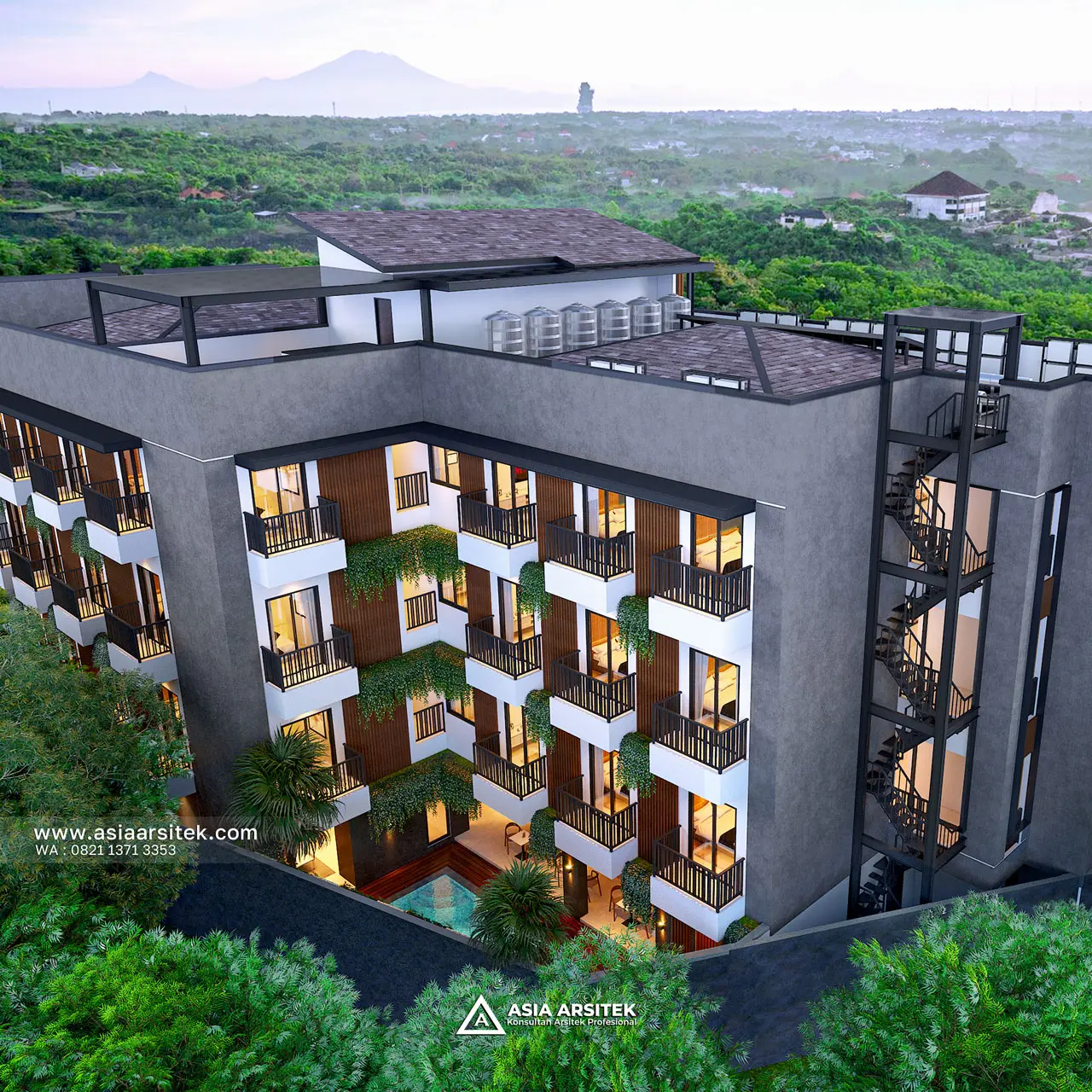 Desain Tampak Atas Samping Kanan Kost Kostel Modern Tropical 4 Lantai Pak KYZ di Bali