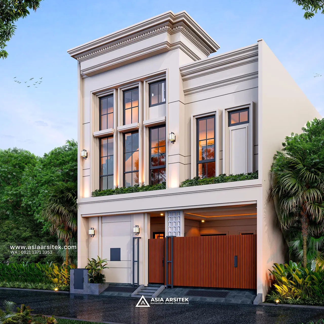 Desain Tampak Depan Dengan Pagar Kost Modern Klasik 2 Lantai Pak ARF di Bekasi Jawa Barat