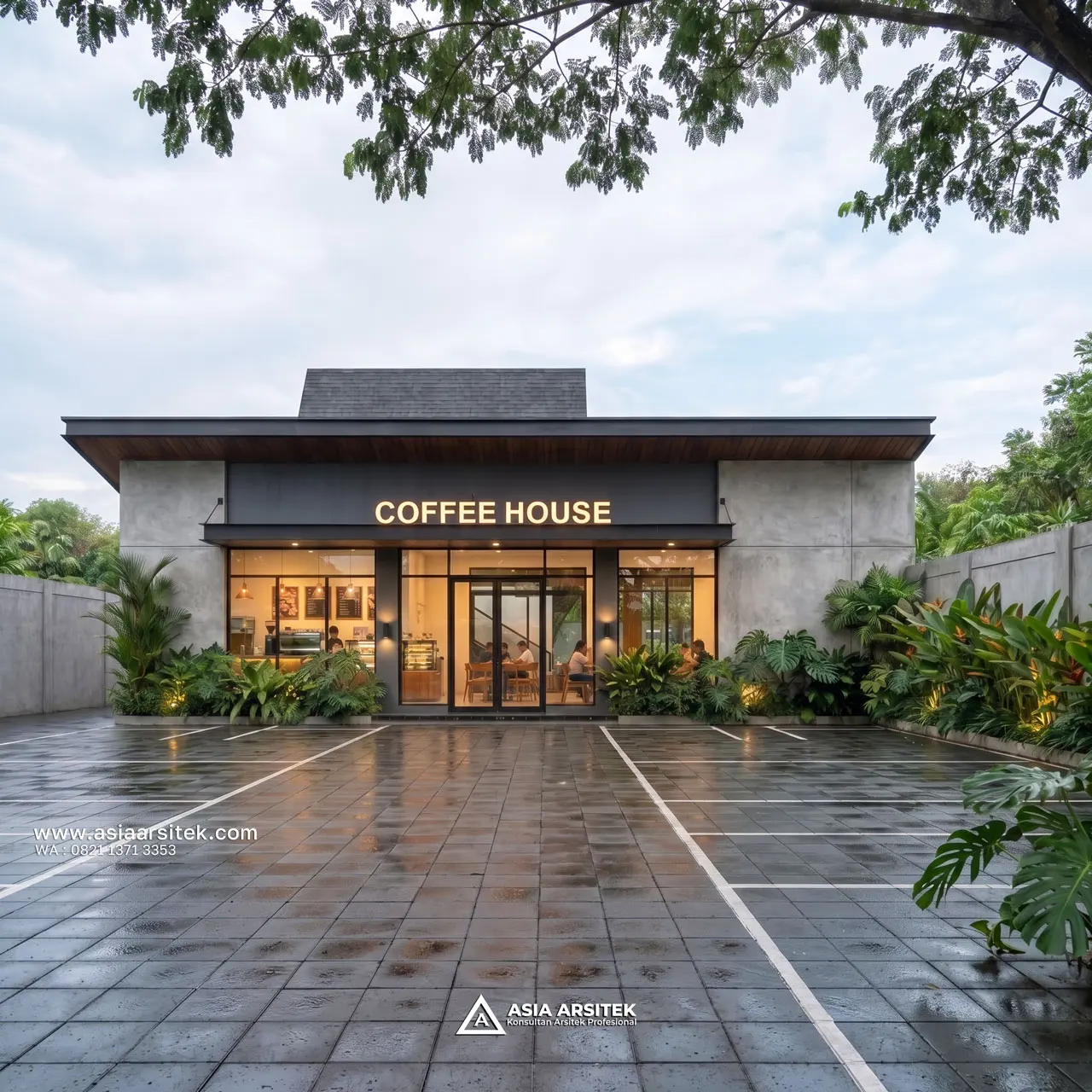 Desain Tampak Depan Kafe Guest House dan Kafe Scandinavia 2 Lantai Pak BNY di Yogyakarta