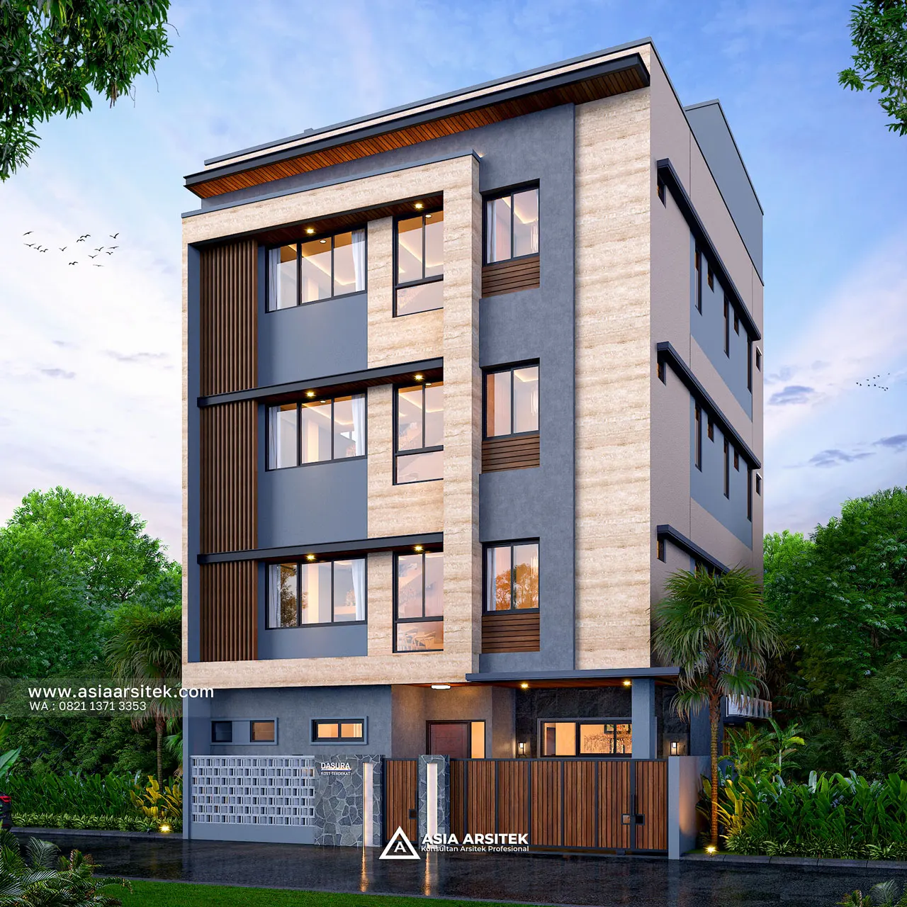 Desain Tampak Depan Kost Modern 4 Lantai Ibu RHM di Beji Kota Depok
