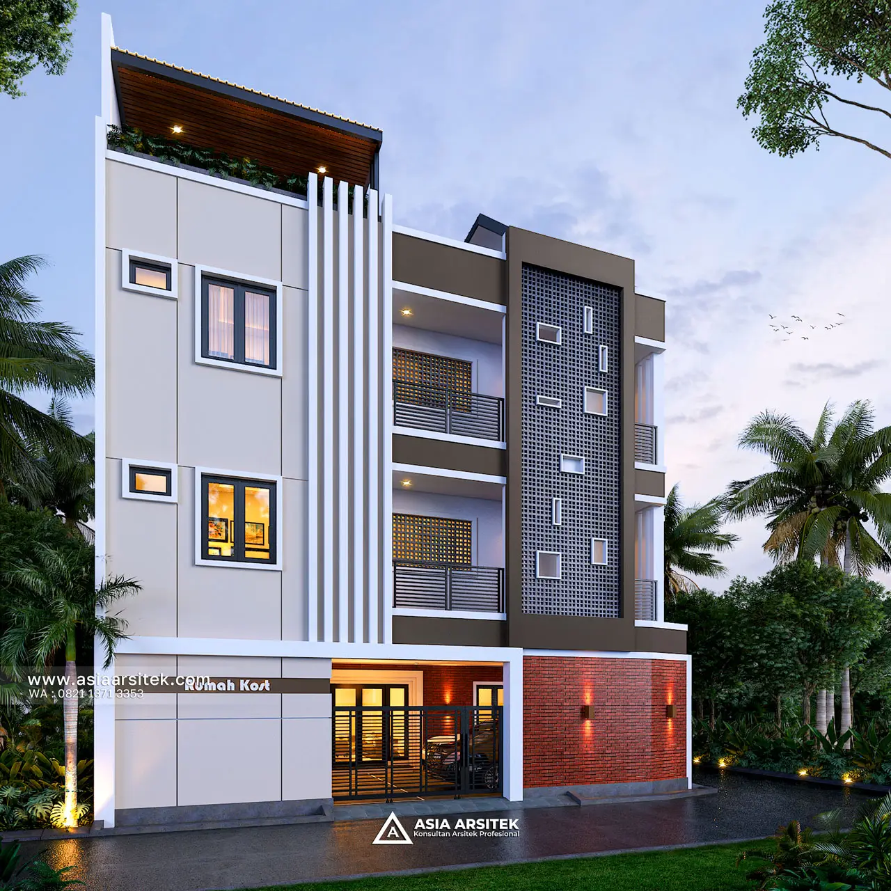 Desain Tampak Depan Kost Modern 4 Lantai Pak HAE di Serpong Utara Tangerang Selatan