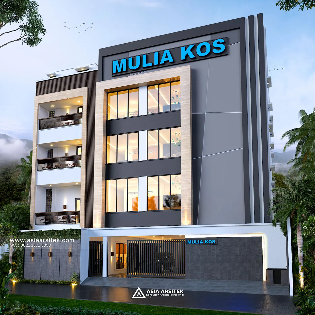 Desain Tampak Depan Kost Modern 4 Lantai Pak KVN di Pagedangan Tangerang