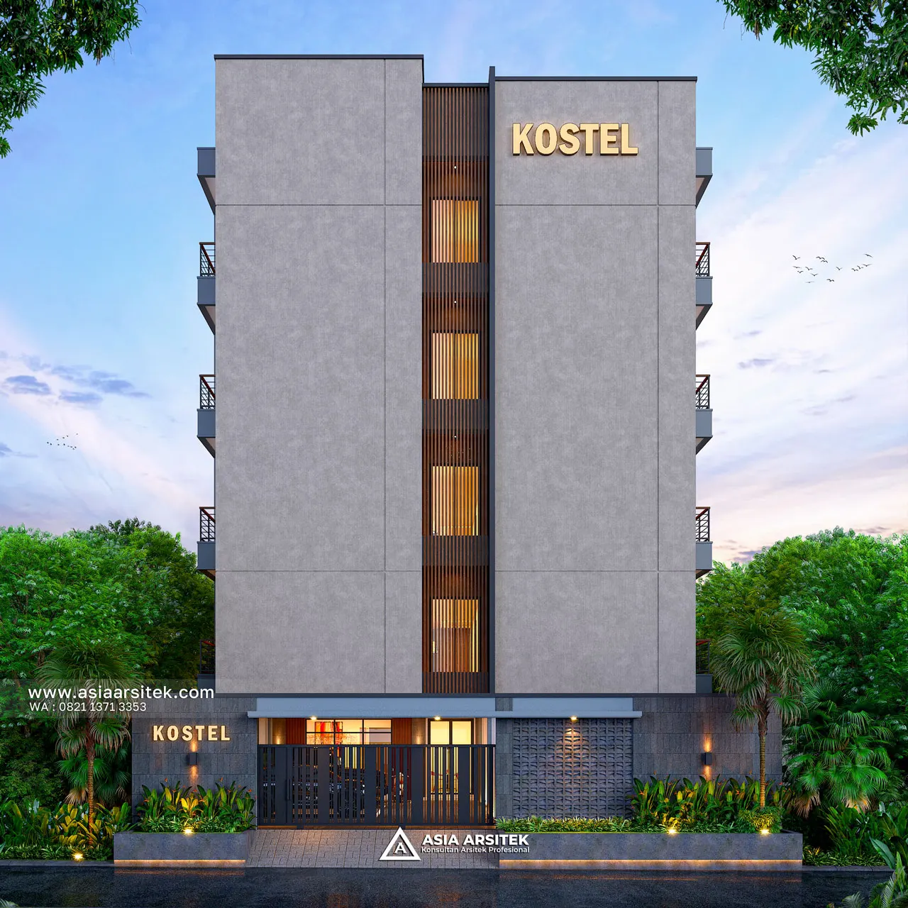 Desain Tampak Depan Kost Modern 5 Lantai Ibu HJ. NRT di Cilandak Barat Jakarta Selatan