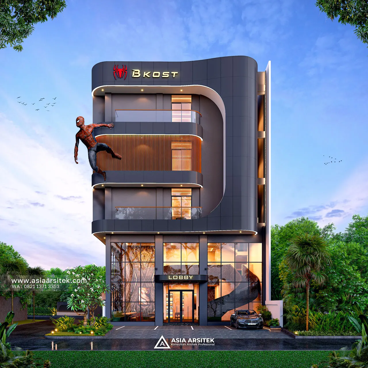 Desain Tampak Depan Kost Modern 6 Lantai Pak CHND di Palmerah Jakarta Barat