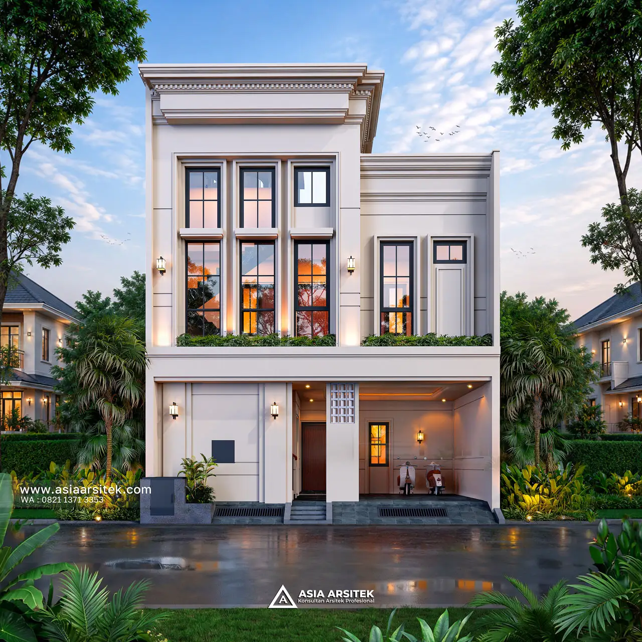 Desain Tampak Depan Kost Modern Klasik 2 Lantai Pak ARF di Bekasi Jawa Barat