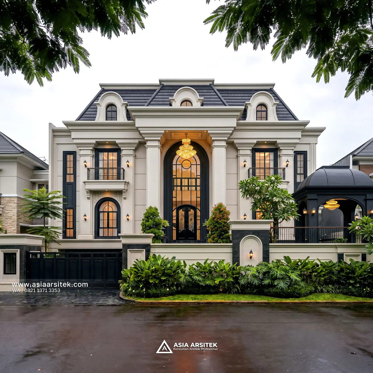 Desain Tampak Depan Pagar Rumah Klasik Modern 2 Lantai Bapak RR di BSD City Tangerang Selatan