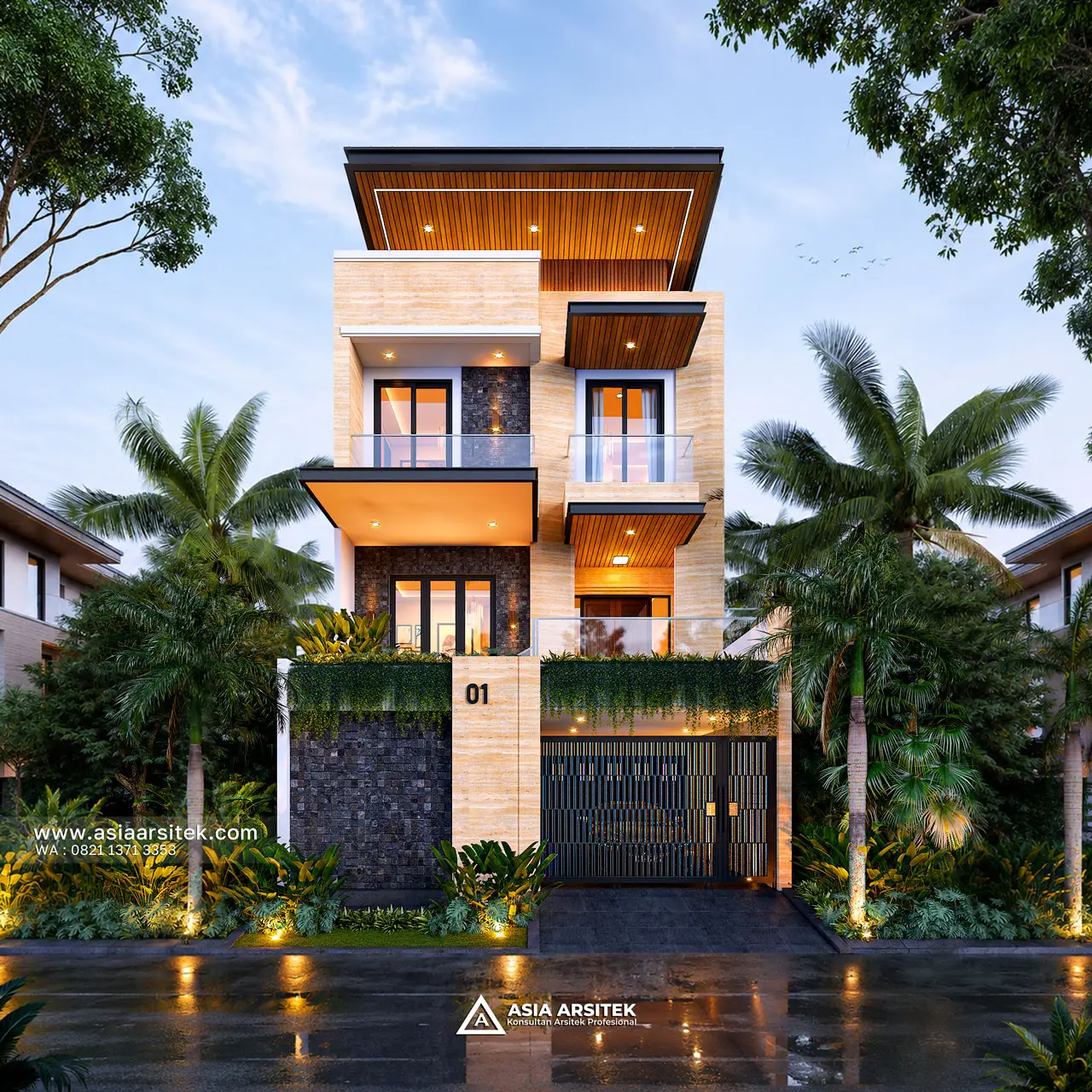 Desain Tampak Depan Rumah Modern 3 Lantai Ibu ANG di Cipondoh Tangerang