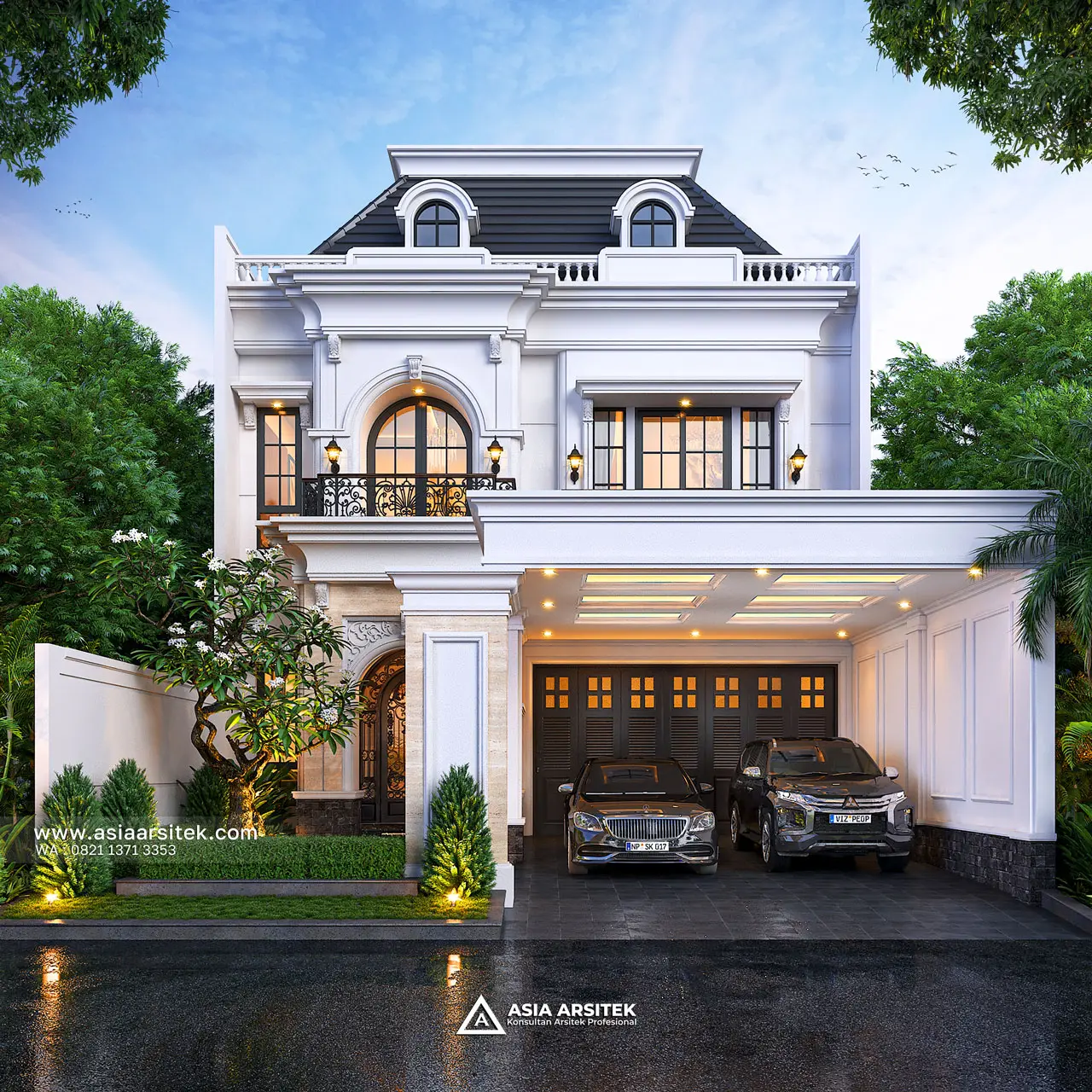 Desain Tampak Depan Rumah Tropis 2 Lantai Bapak IRV di Pekalongan Jawa Tengah