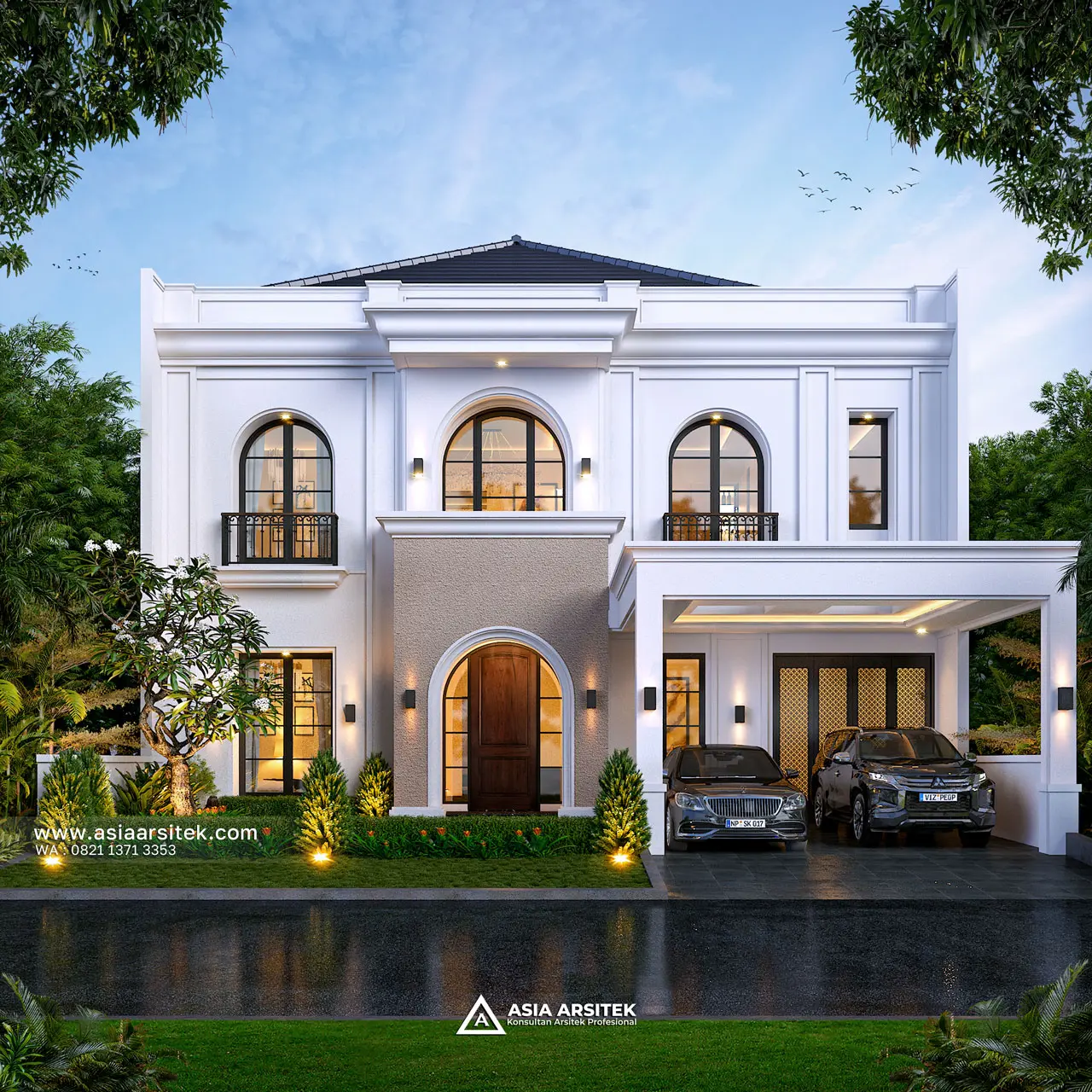 Desain Tampak Depan Rumah Tropis 2 Lantai Pak ED di Alam Sutra Tangerang Selatan