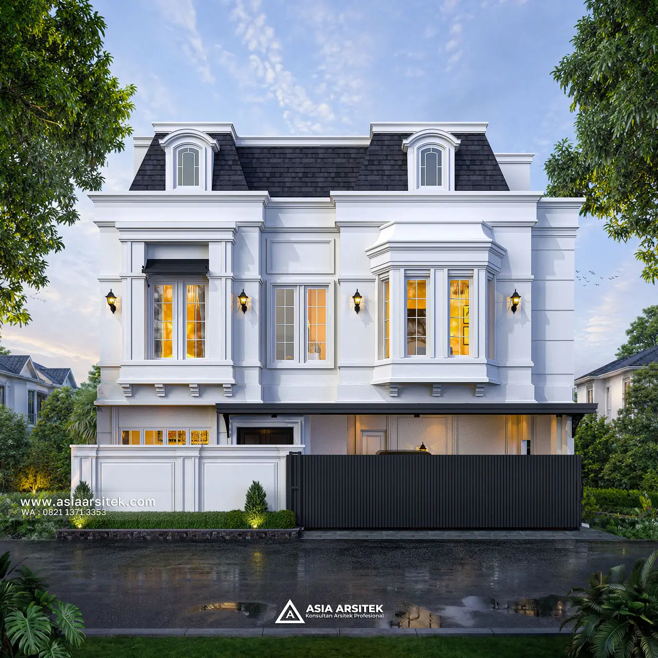 Desain Tampak Depan Rumah Tropis 3 Lantai Bapak FRS di Cilandak Timur Jakarta Selatan