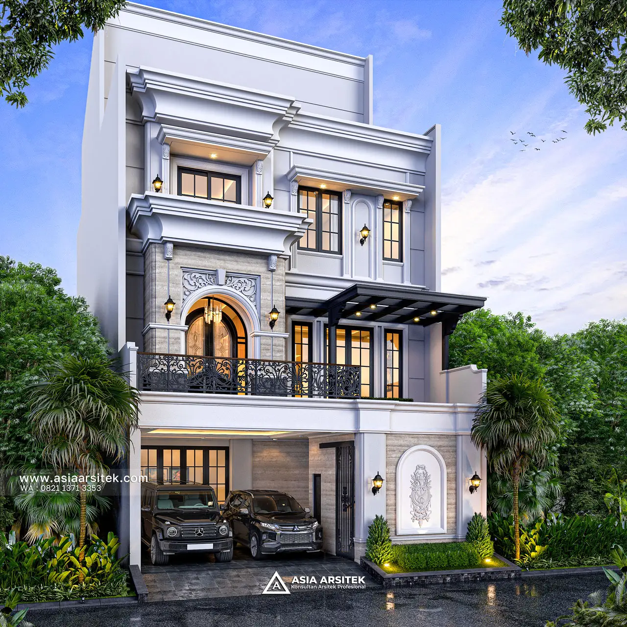 Desain Tampak Depan Rumah Tropis 3 Lantai Bapak MCH di Cipondoh Kota Tangerang