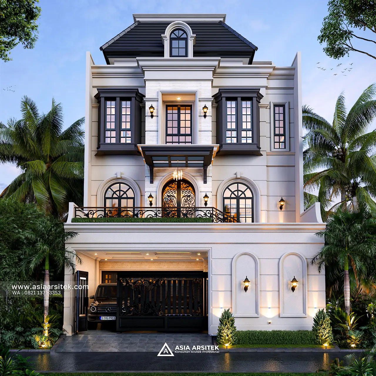 Desain Tampak Depan Rumah Tropis 3 Lantai Bapak RYD di Cempaka Putih Jakarta Pusat