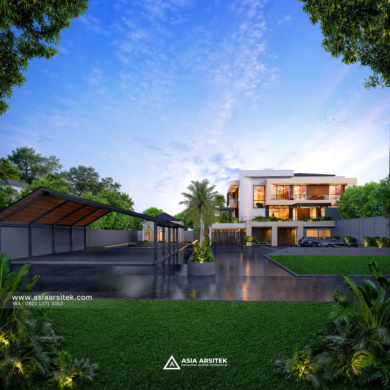 Desain Tampak Depan Wide Angle Rumah Modern 3 Lantai Bapak JNDS di Cileungsi Bogor Jawa Barat