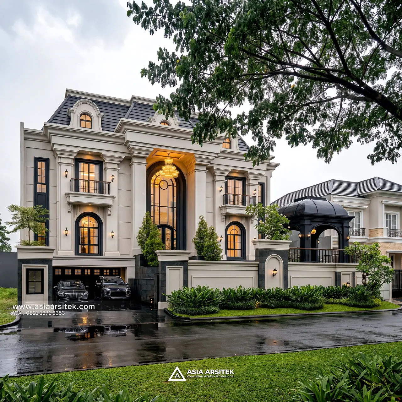 Desain Tampak Fasad Depan Rumah Klasik Modern 2 Lantai Bapak RR di BSD City Tangerang Selatan