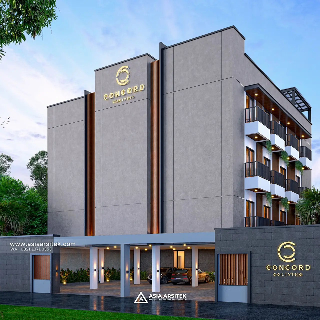 Desain Tampak Fasad Depan Kost Kostel Modern Tropical 4 Lantai Pak KYZ di Bali