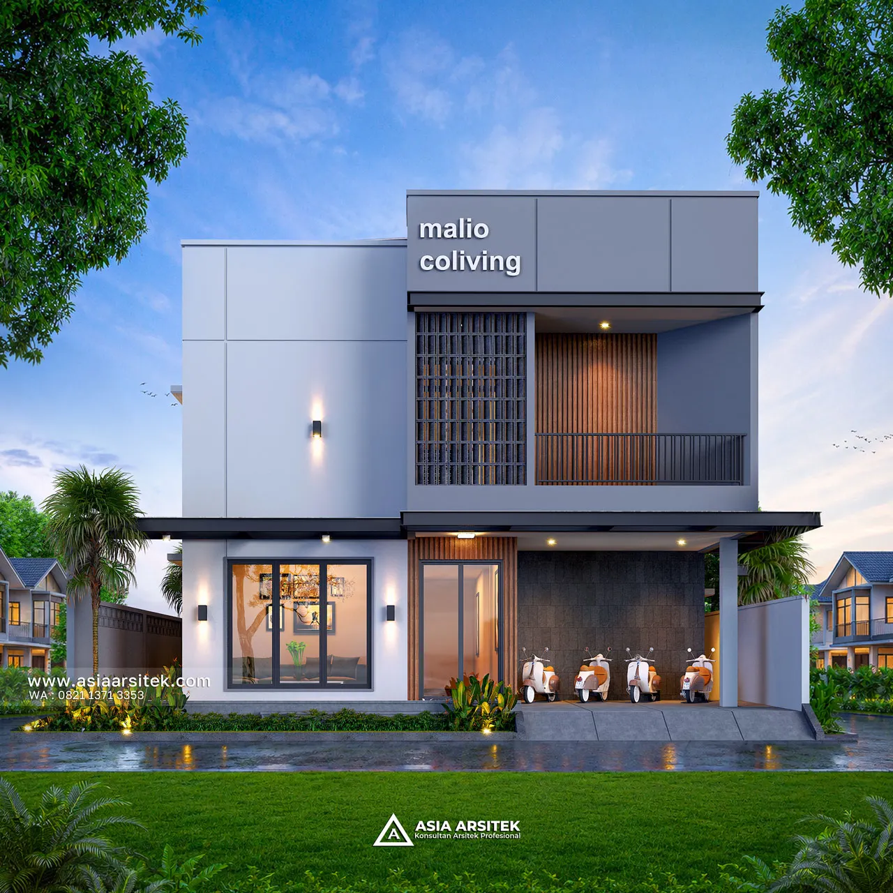 Desain Tampak Fasad Depan Kost Modern 2 Lantai Pak BDI di Bekasi Jawa Barat