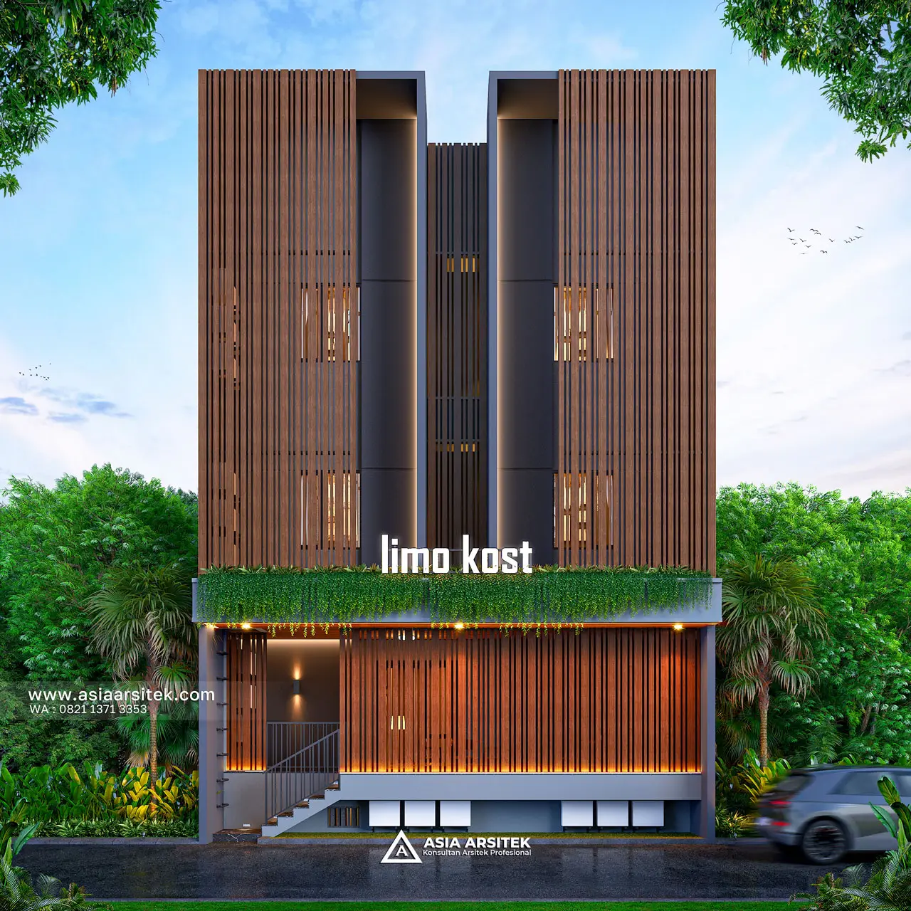 Desain Tampak Fasad Depan Kost Modern 4 Lantai Pak BB di Limo Depok