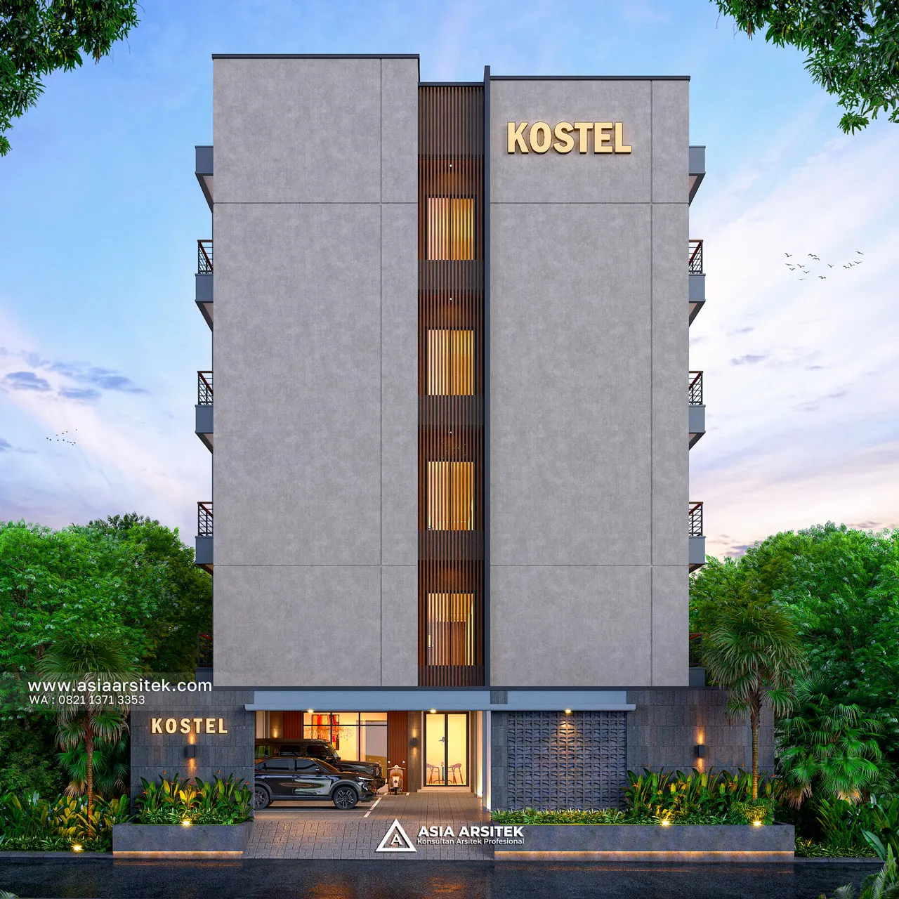 Desain Tampak Fasad Depan Kost Modern 5 Lantai Ibu HJ. NRT di Cilandak Barat Jakarta Selatan