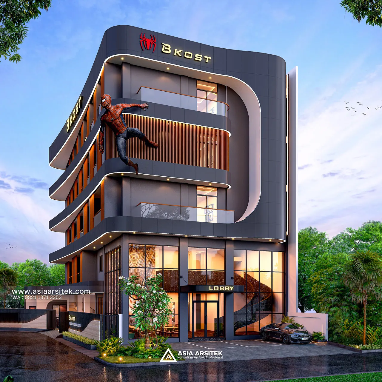 Desain Tampak Fasad Depan Kost Modern 6 Lantai Pak CHND di Palmerah Jakarta Barat