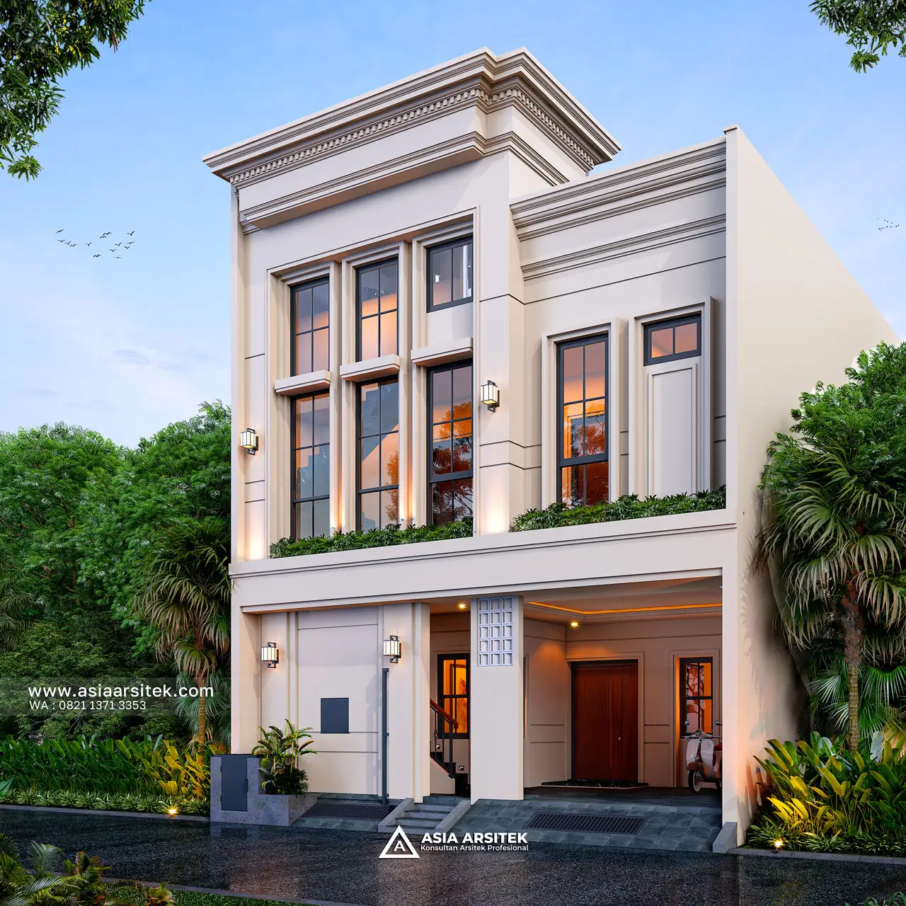Desain Tampak Fasad Depan Kost Modern Klasik 2 Lantai Pak ARF di Bekasi Jawa Barat