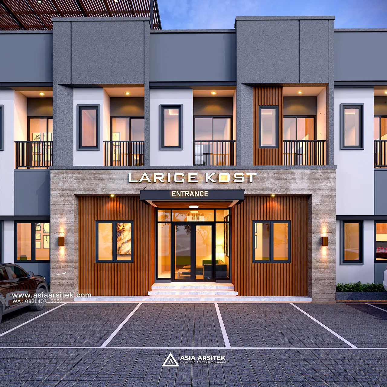Desain Tampak Fasad Depan Kost Modern Kontemporer 3 Lantai Mr. STS di Timor Leste