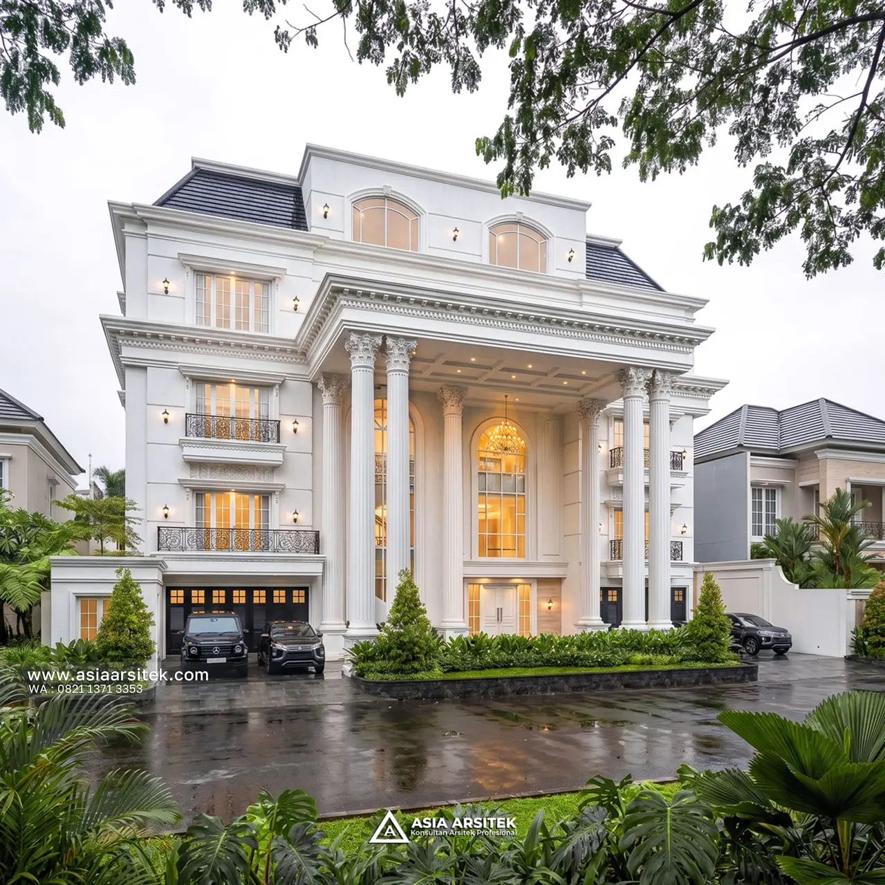 Desain Tampak Fasad Depan Rumah Klasik Mewah 5 Lantai Bapak ED di Pondok Indah Jakarta Selatan