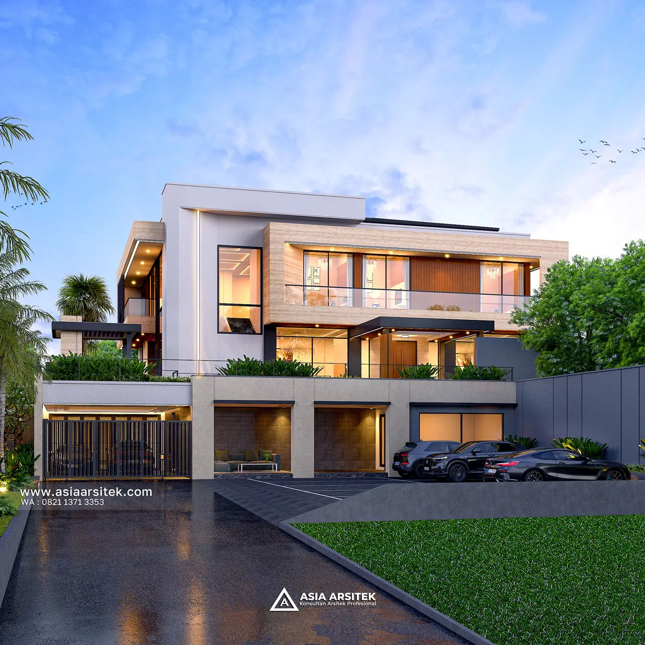 Desain Tampak Fasad Depan Rumah Modern 3 Lantai Bapak JNDS di Cileungsi Bogor Jawa Barat