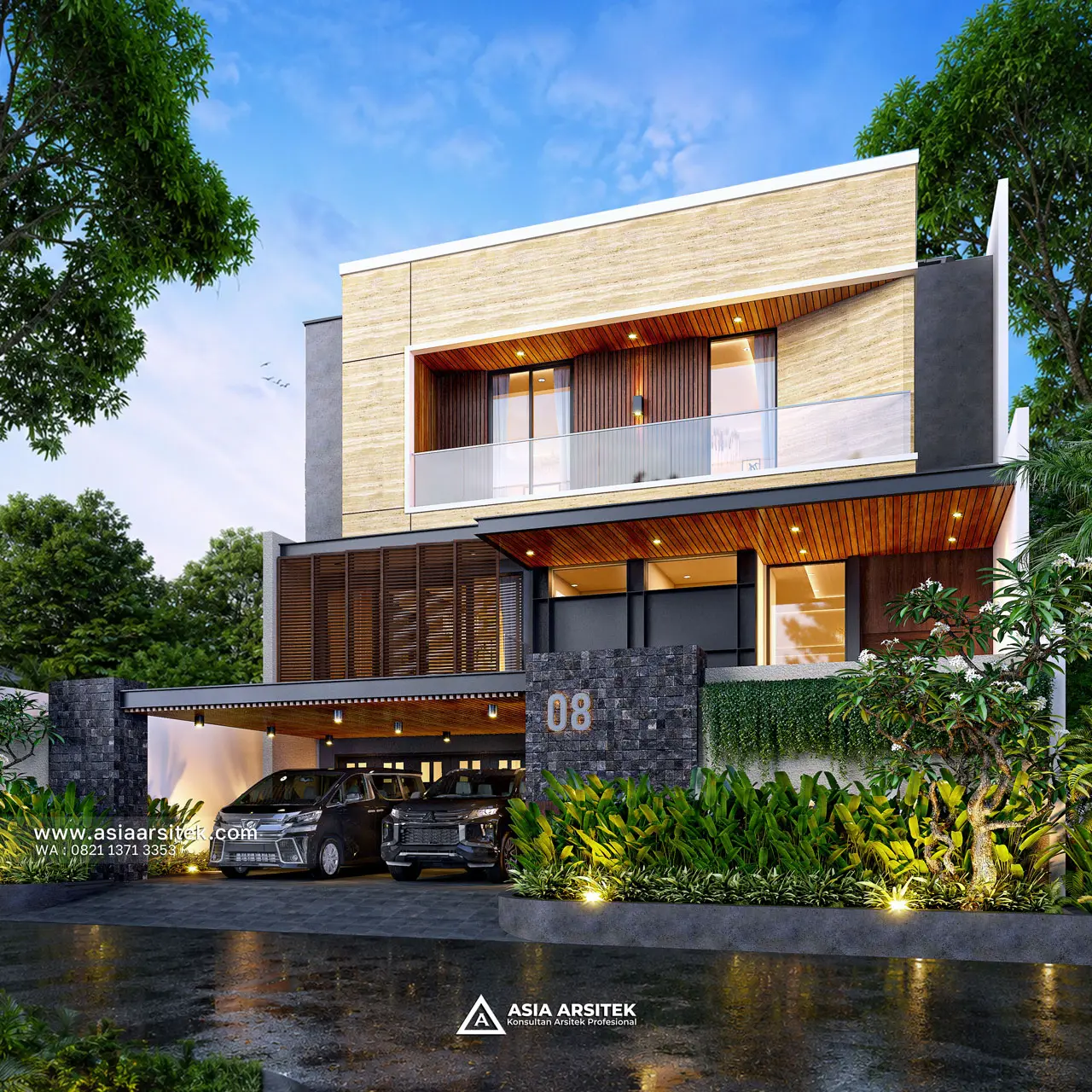 Desain Tampak Fasad Depan Rumah Modern 3 Lantai Bapak SND di Jatiasih Bekasi