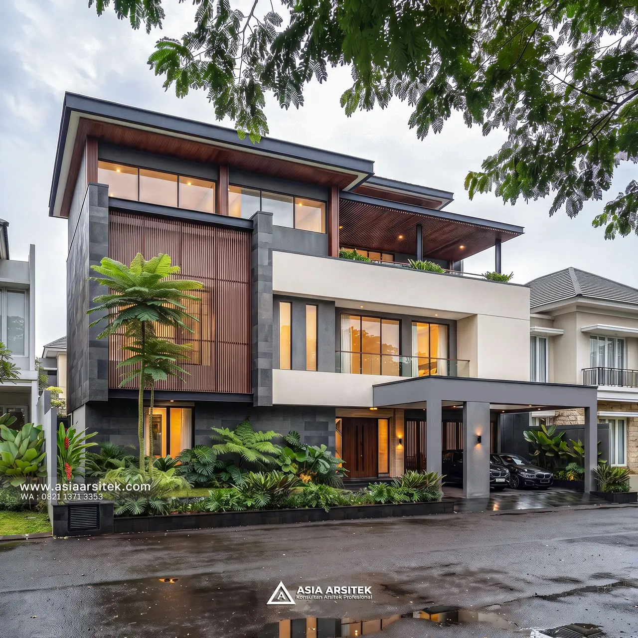 Desain Tampak Fasad Depan Rumah Modern 3 Lantai Ibu MCH di Palmerah Jakarta Barat
