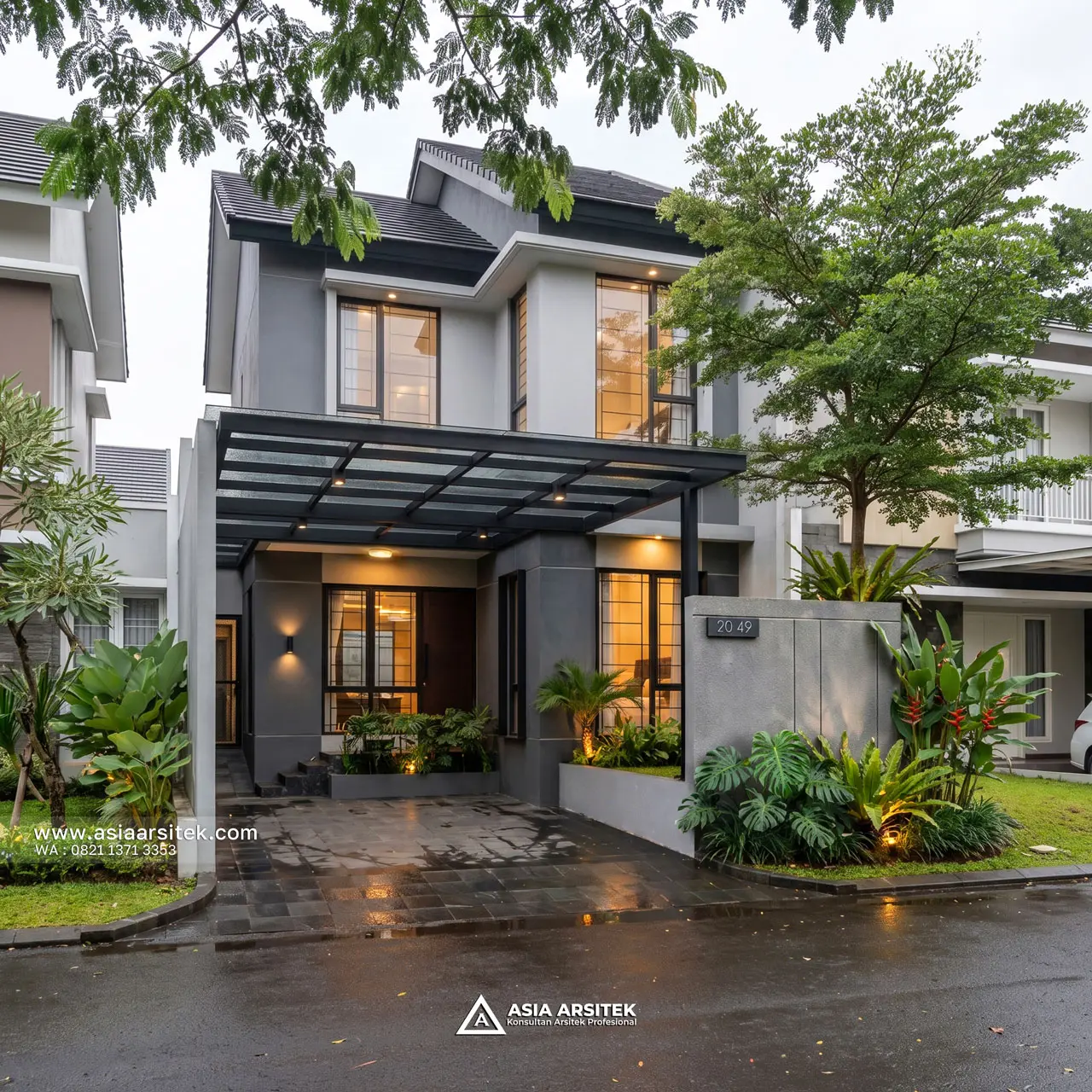 Desain Tampak Fasad Depan Rumah Modern Minimalis 2 Lantai Ibu KM di Kemayoran Jakarta Pusat