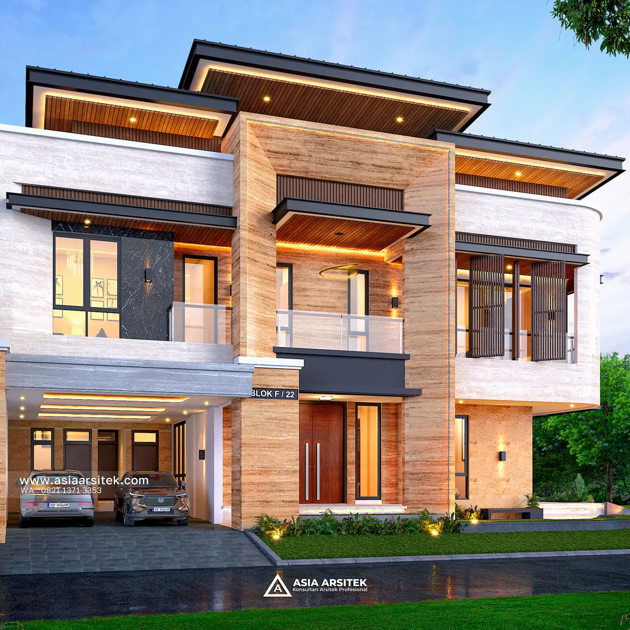 Desain Tampak Fasad Depan Rumah Tropis 2 Lantai Ibu VK di Tambun Selatan Bekasi