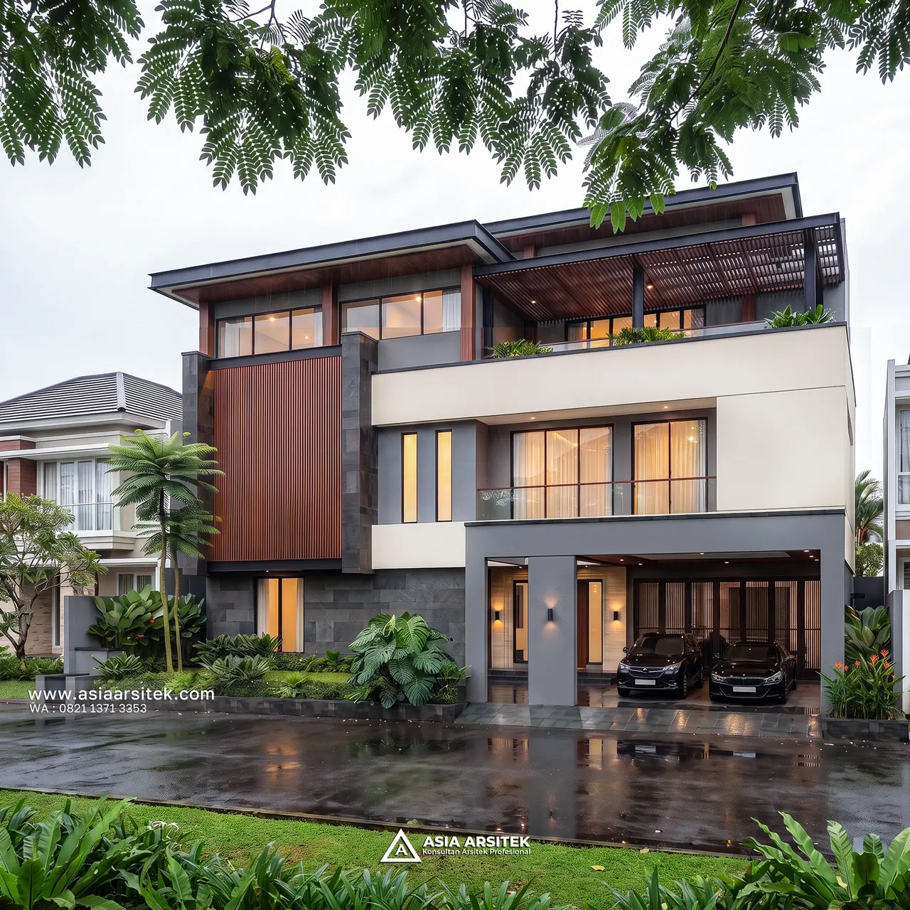 Desain Tampak Fasad Rumah Modern 3 Lantai Ibu MCH di Palmerah Jakarta Barat