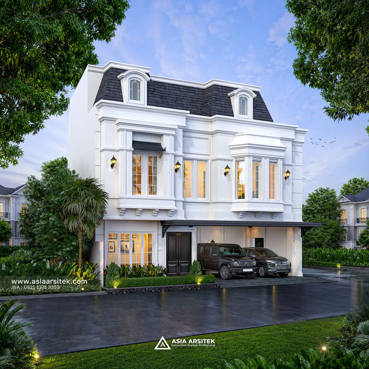 Desain Tampak Fasad Rumah Tropis 3 Lantai Bapak FRS di Cilandak Timur Jakarta Selatan