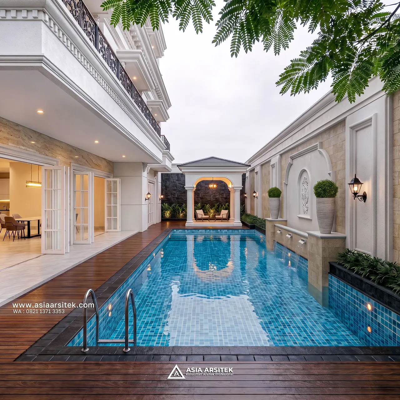 Desain Tampak Kolam Renang Rumah Klasik Mewah 5 Lantai Bapak ED di Pondok Indah Jakarta Selatan