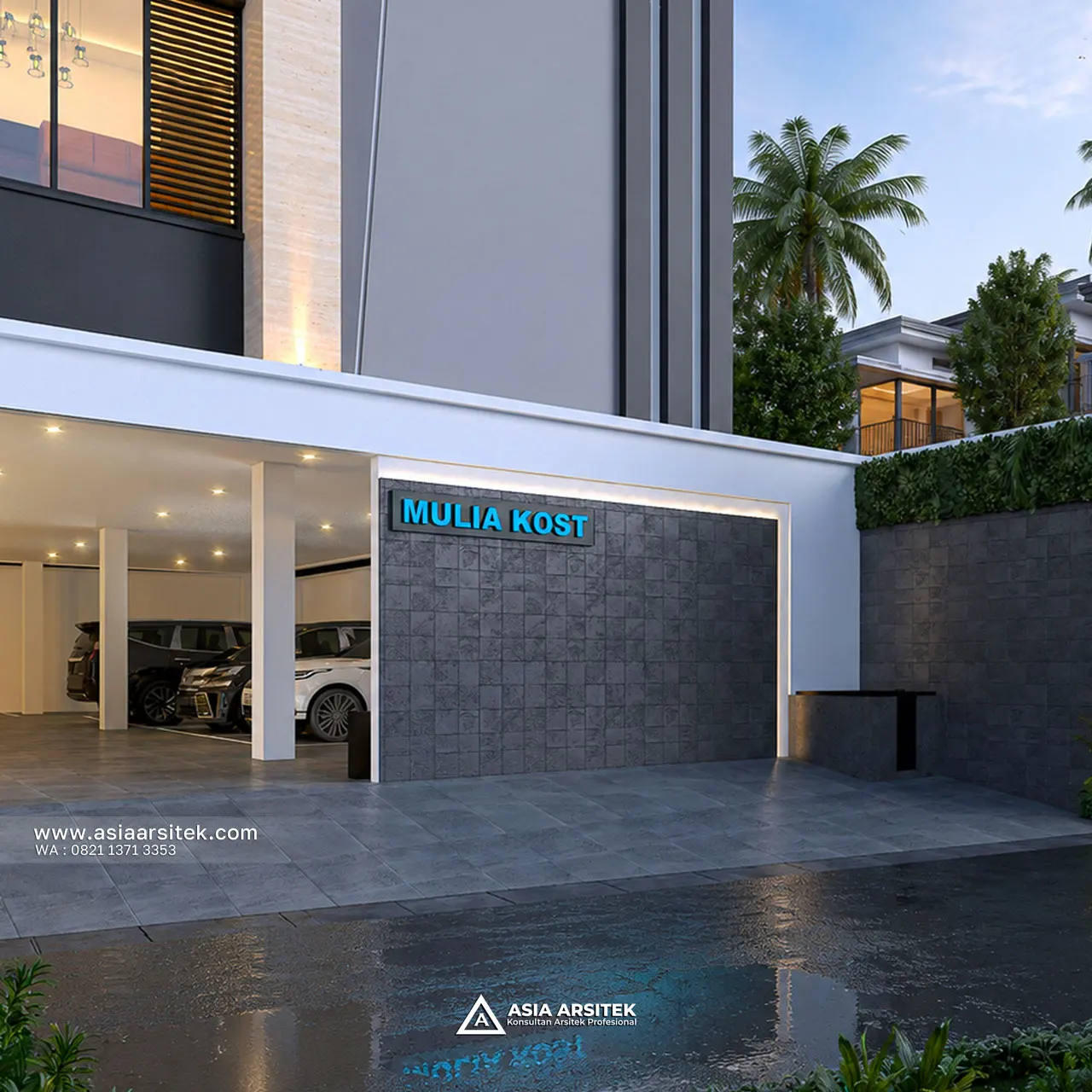 Desain Tampak Nama Kost Modern 4 Lantai Pak KVN di Pagedangan Tangerang