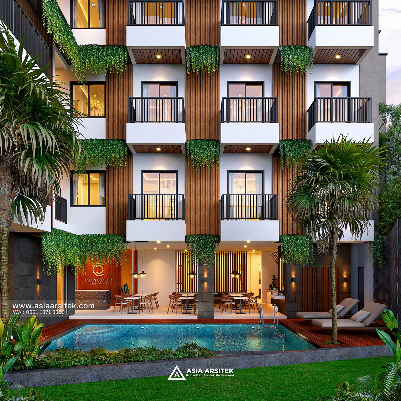 Desain Tampak Samping Kanan Kost Kostel Modern Tropical 4 Lantai Pak KYZ di Bali