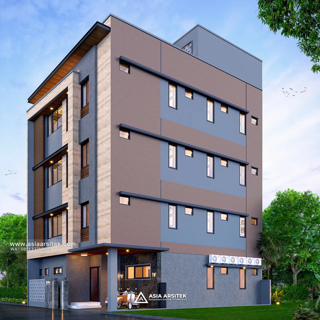 Desain Tampak Samping Kanan Kost Modern 4 Lantai Ibu RHM di Beji Kota Depok