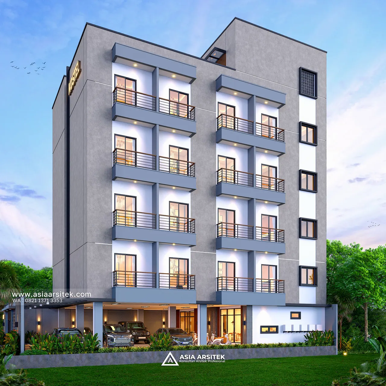 Desain Tampak Samping Kanan Kost Modern 5 Lantai Ibu HJ. NRT di Cilandak Barat Jakarta Selatan