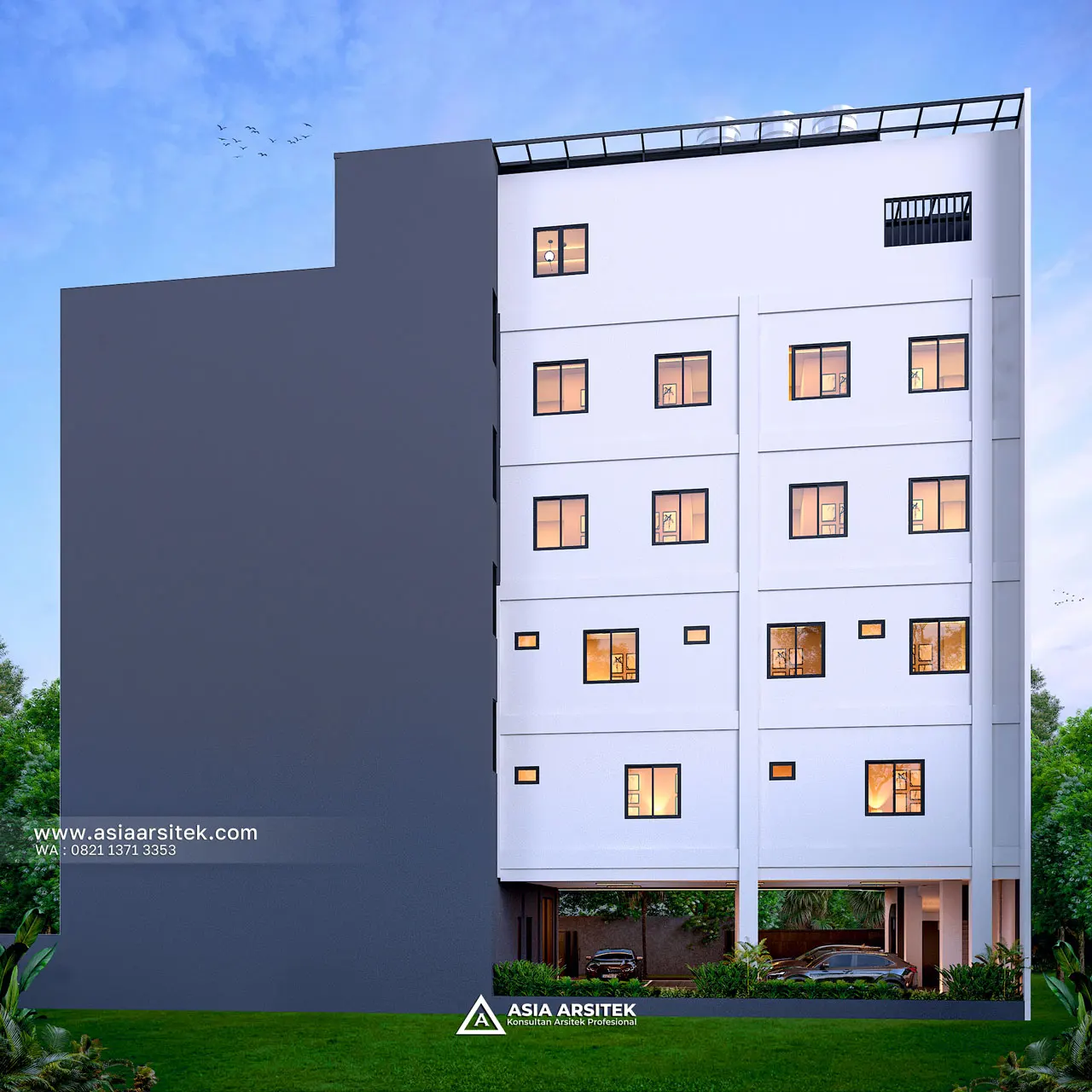 Desain Tampak Samping Kanan Kost Modern 6 Lantai Pak CHND di Palmerah Jakarta Barat