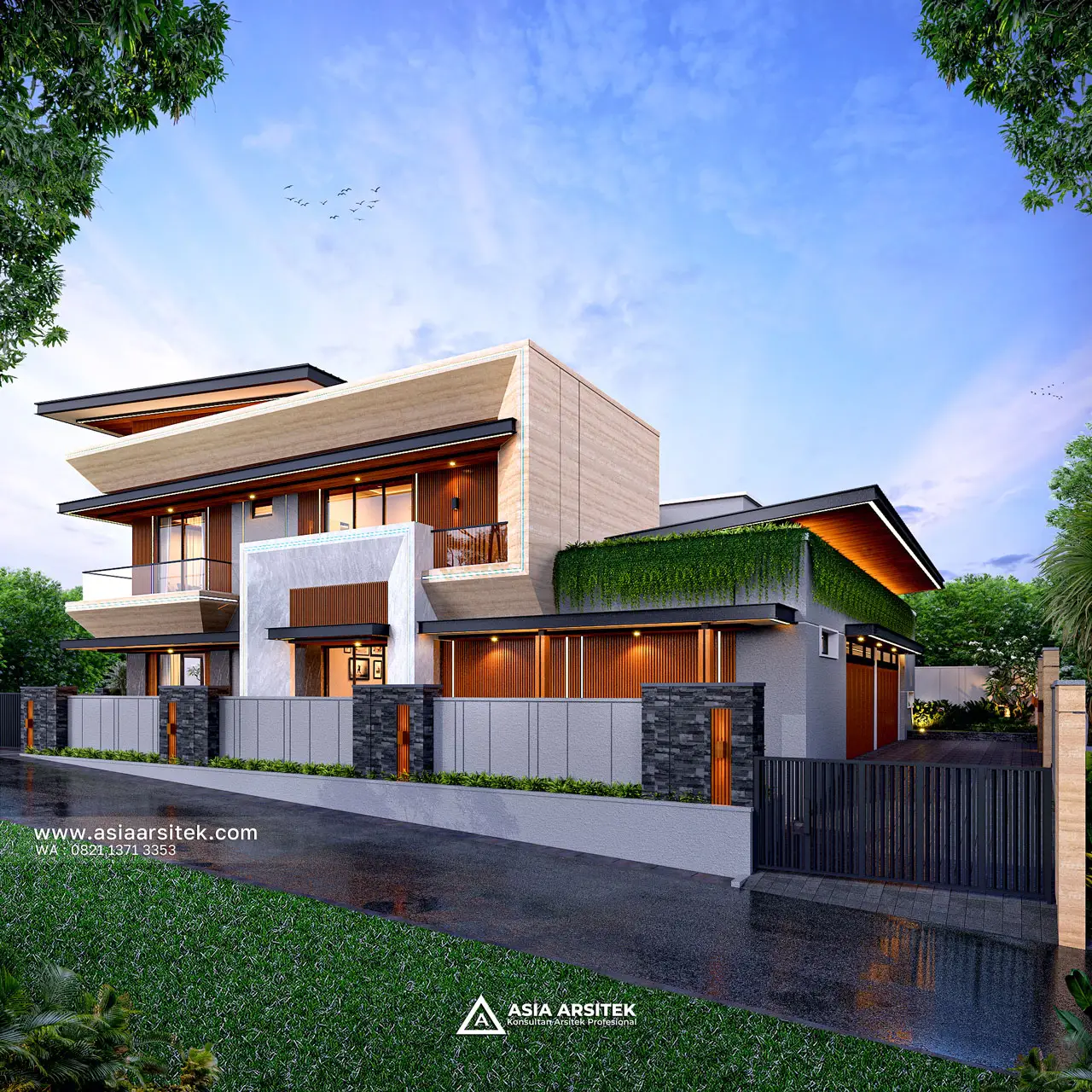 Desain Tampak Samping Kanan Rumah Tropis 2 Lantai Ibu IKRM di Cicurug Sukabumi