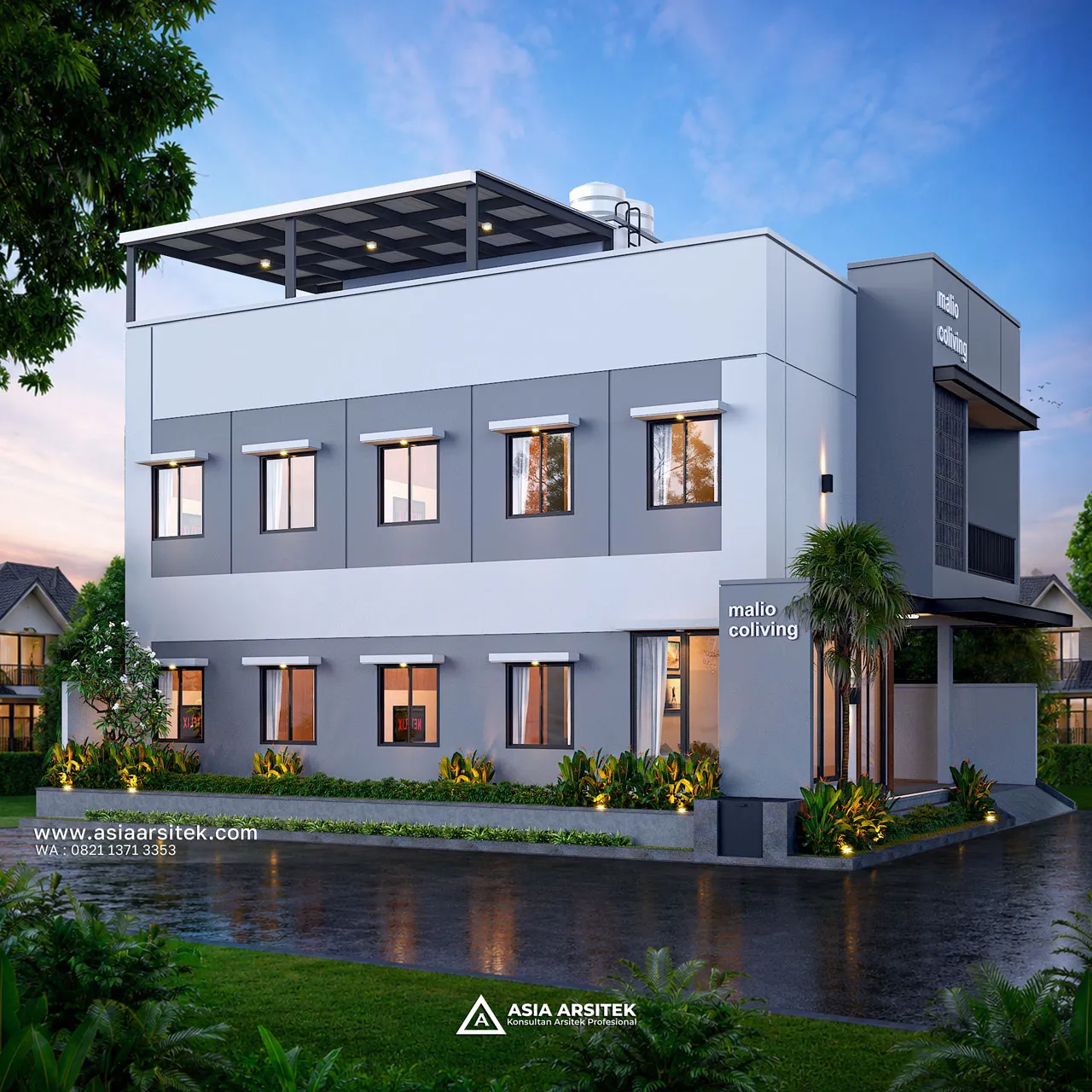 Desain Tampak Samping Kiri Dengan Pagar Kost Modern 2 Lantai Pak BDI di Bekasi Jawa Barat