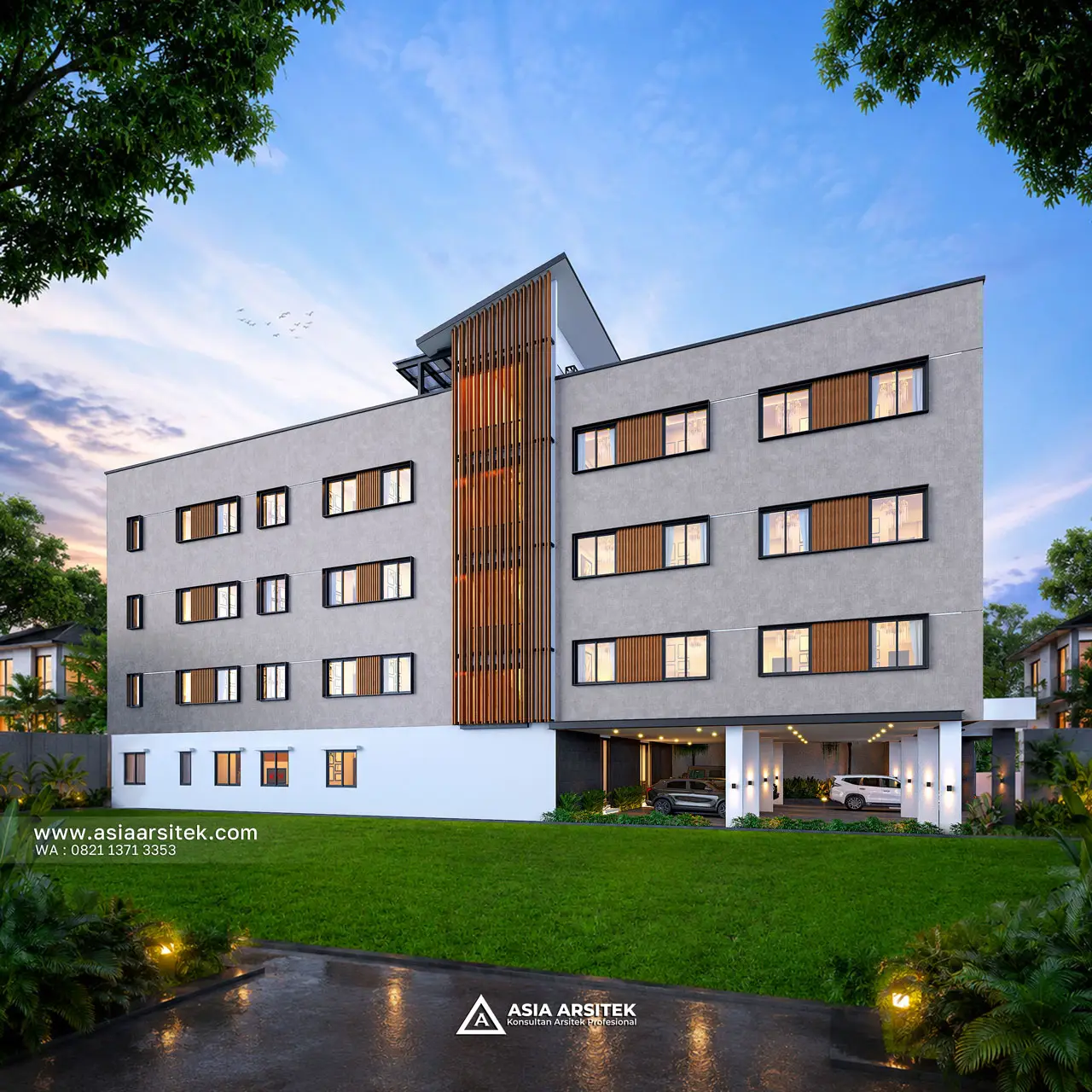 Desain Tampak Samping Kiri Kost Kostel Modern Tropical 4 Lantai Pak KYZ di Bali