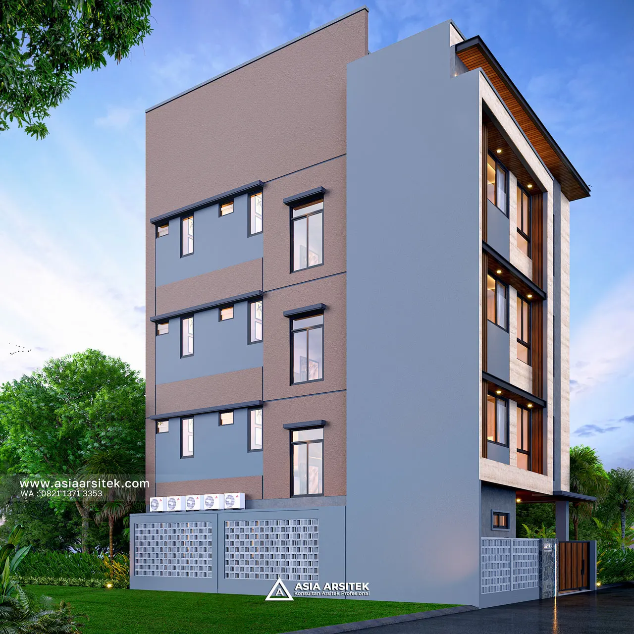 Desain Tampak Samping Kiri Kost Modern 4 Lantai Ibu RHM di Beji Kota Depok