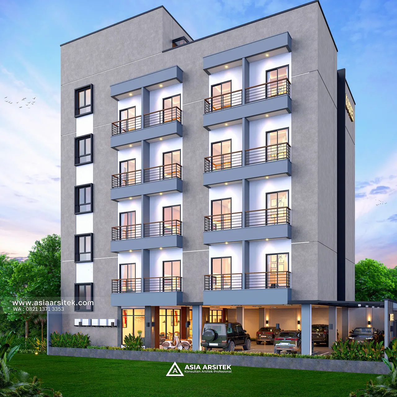 Desain Tampak Samping Kiri Kost Modern 5 Lantai Ibu HJ. NRT di Cilandak Barat Jakarta Selatan