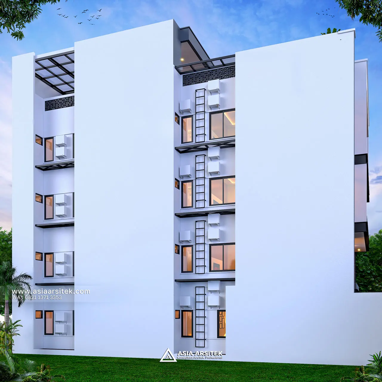 Desain Tampak Samping Kiri Kost Modern 5 Lantai Pak SHTN di Grogol Petamburan Jakarta Barat