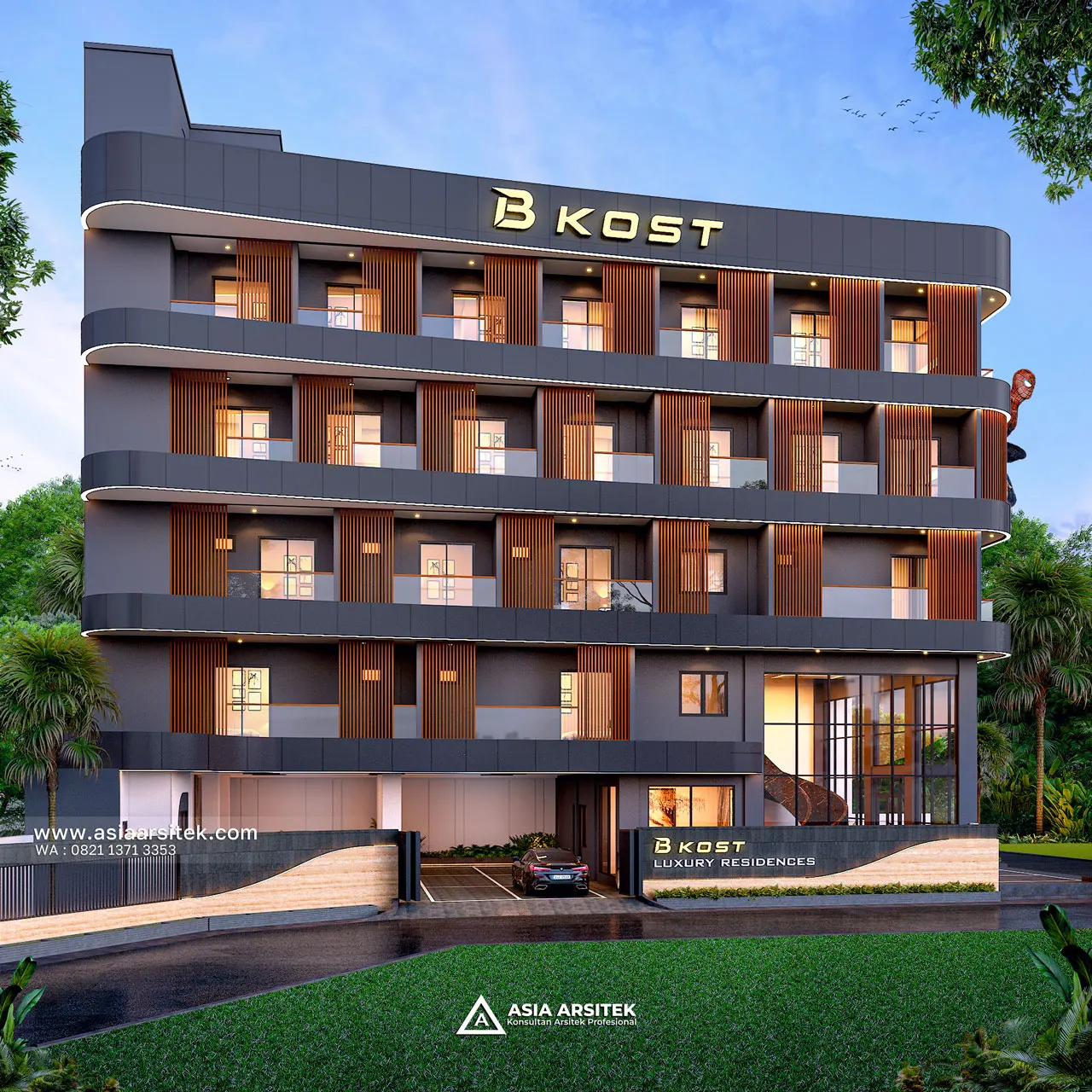 Desain Tampak Samping Kiri Kost Modern 6 Lantai Pak CHND di Palmerah Jakarta Barat