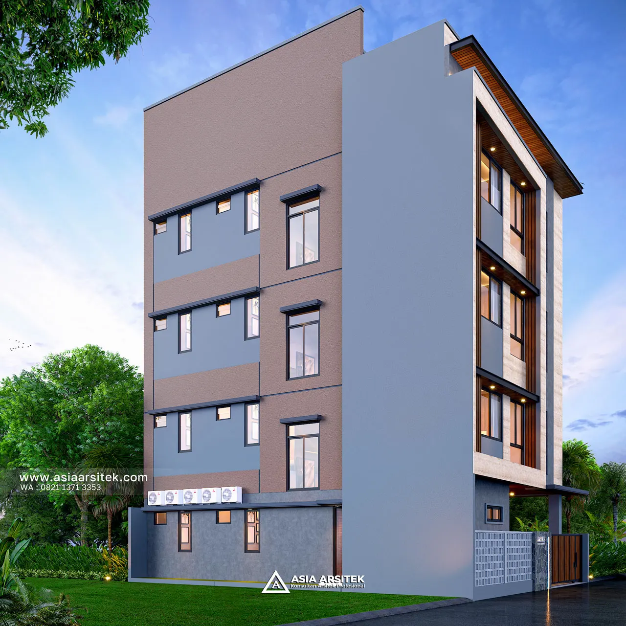 Desain Tampak Samping Kiri Tanpa Pagar Kost Modern 4 Lantai Ibu RHM di Beji Kota Depok