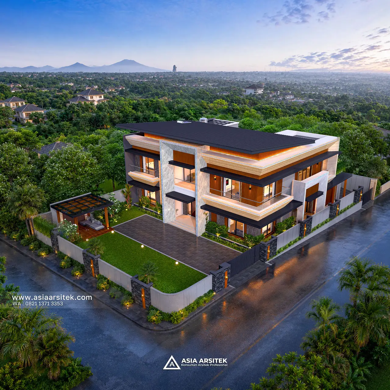 Desain View Atas Rumah Tropis 2 Lantai Ibu IKRM di Cicurug Sukabumi