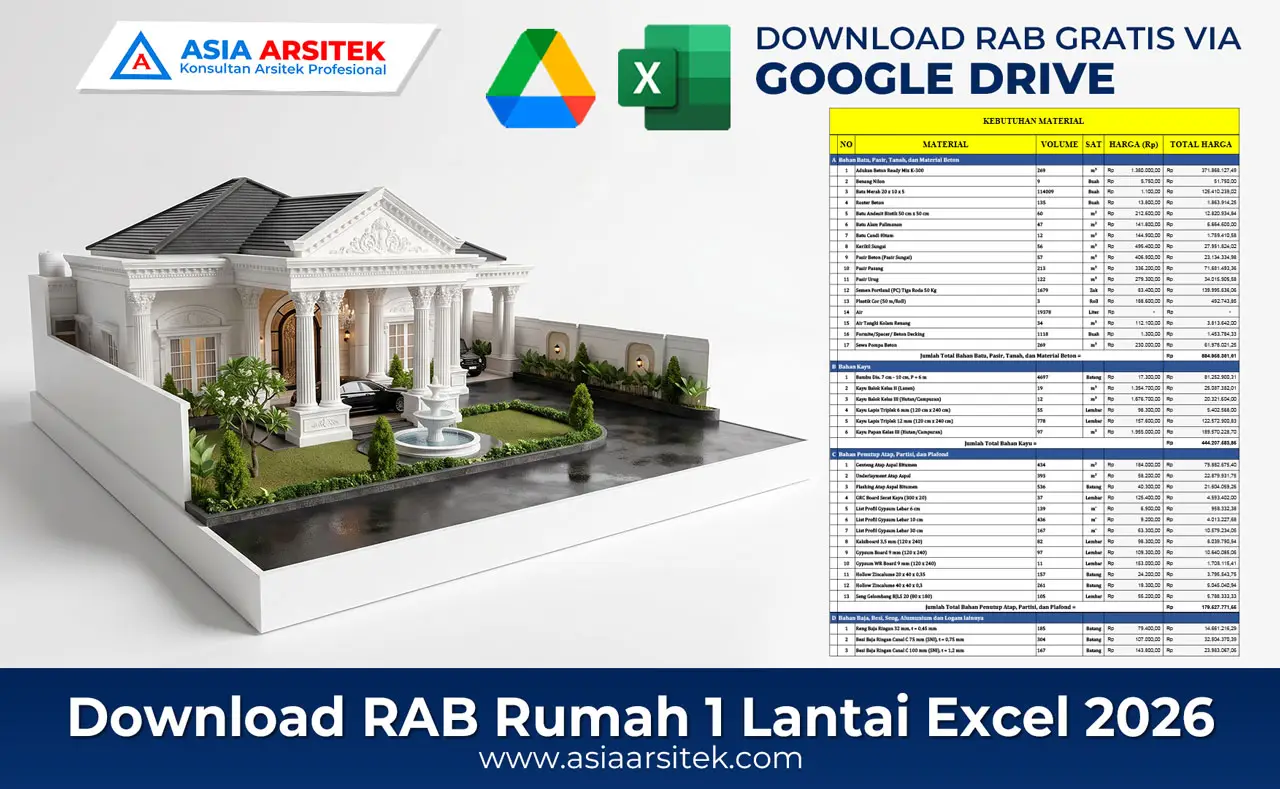 Download RAB Rumah 1 Lantai Excel 2026 gratis via Google Drive