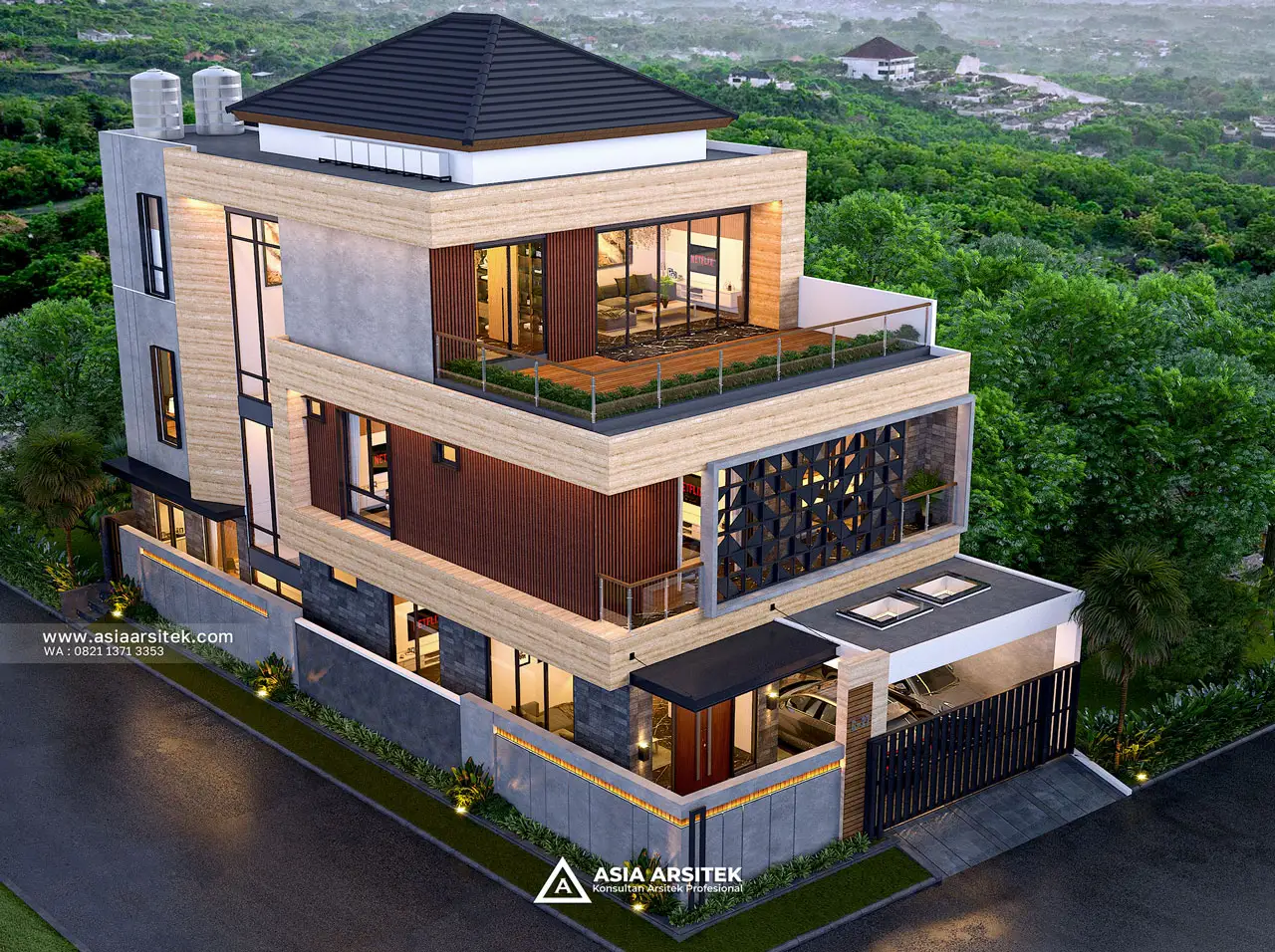 Desain Atas Depan Rumah Modern 3 Lantai Bapak SFL di Bintara Bekasi